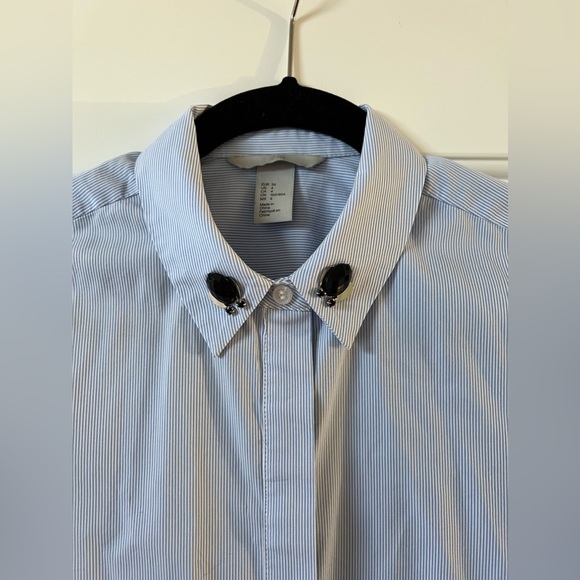 H&M Blue and White Striped bejeweled Collar Button Up Shirt - Picture 6 of 7